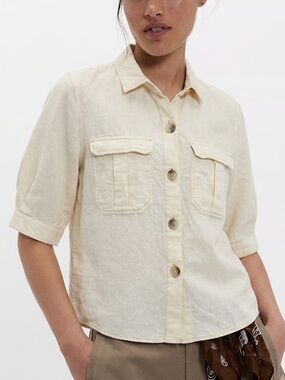 Zara Linen Blend Camp Shirt Womens SIze M Natural Cargo Pocket Elbow Puff Sleeve